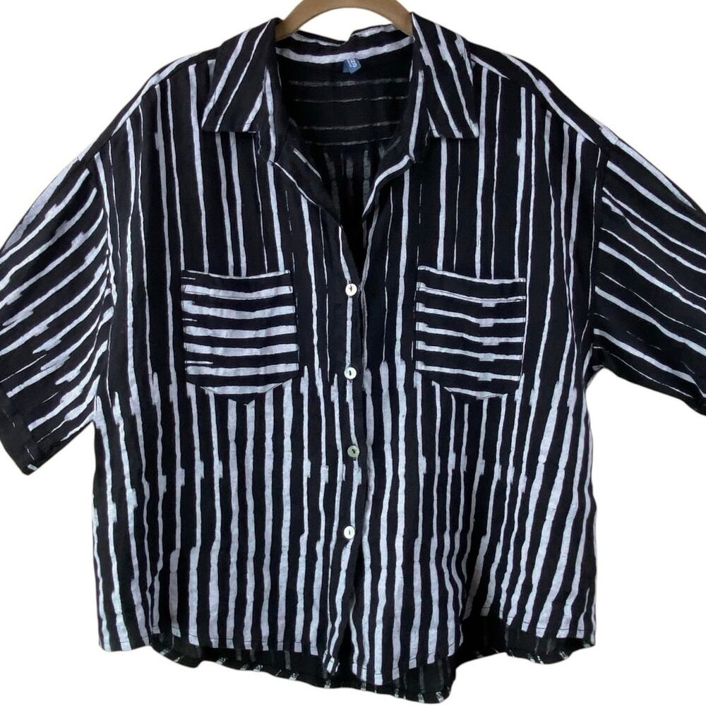 Inizio Italy 100% Linen Blouse Size M Black White Art To Wear Lagenlook Resort